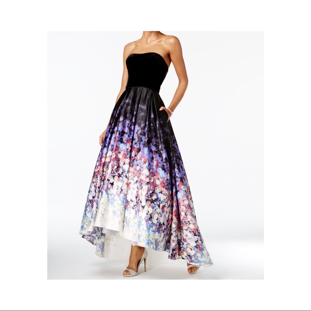 Betsy & Adam Velvet Printed High-Low Gown